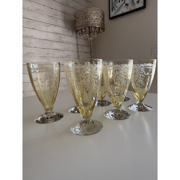 Fostoria June Antique Topaz Yellow Etched Footed Iced Tea Glasses 12 Oz - Picture 1 of 11